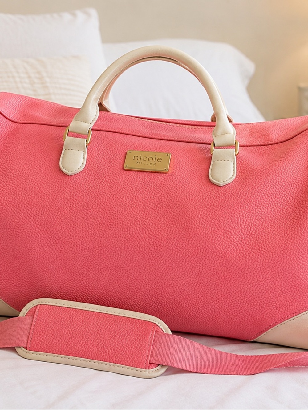 Nicole Miller Pink & Cream Weekender Travel Duffel Bag